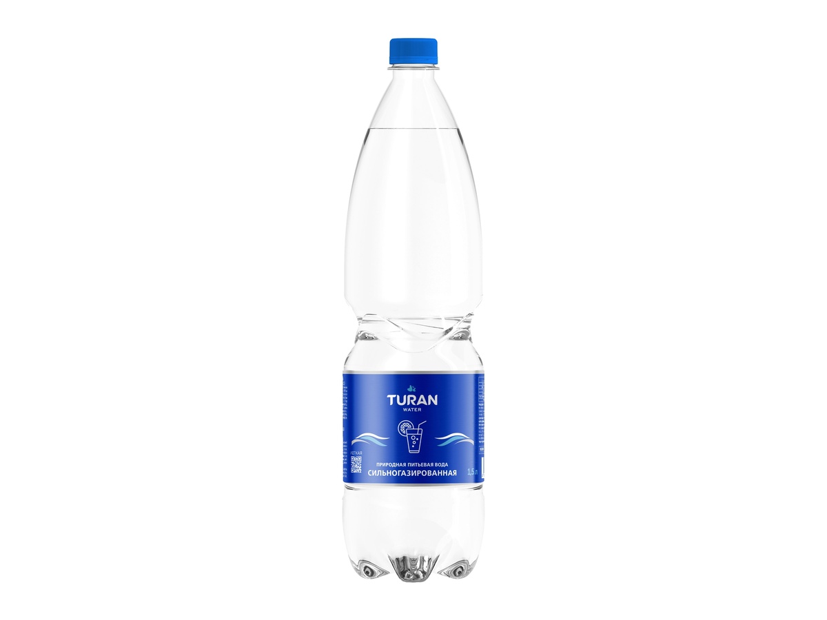 TURAN natural drinking water, highly carbonated, in a PET bottle, volume 1.5 L.