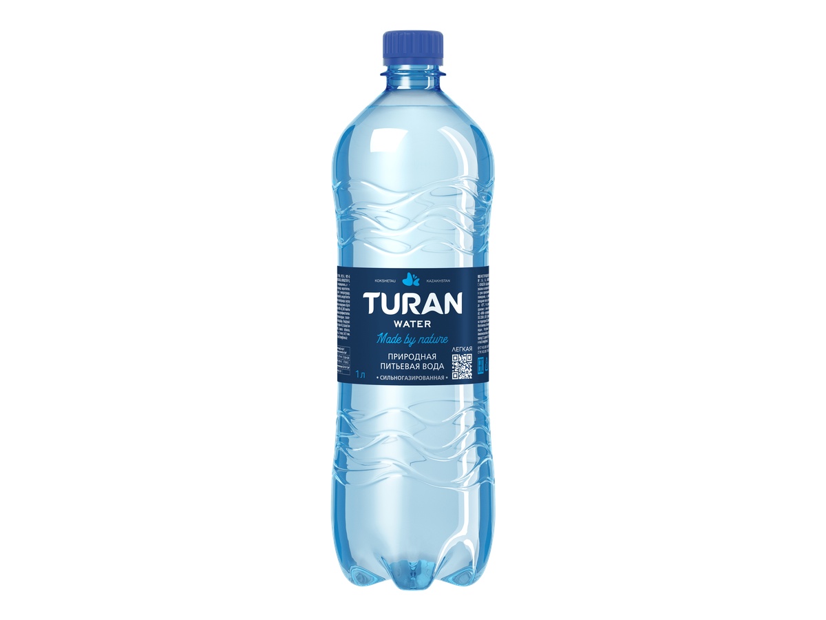 Natural carbonated drinking water TURAN in a 1.0 L PET bottle.