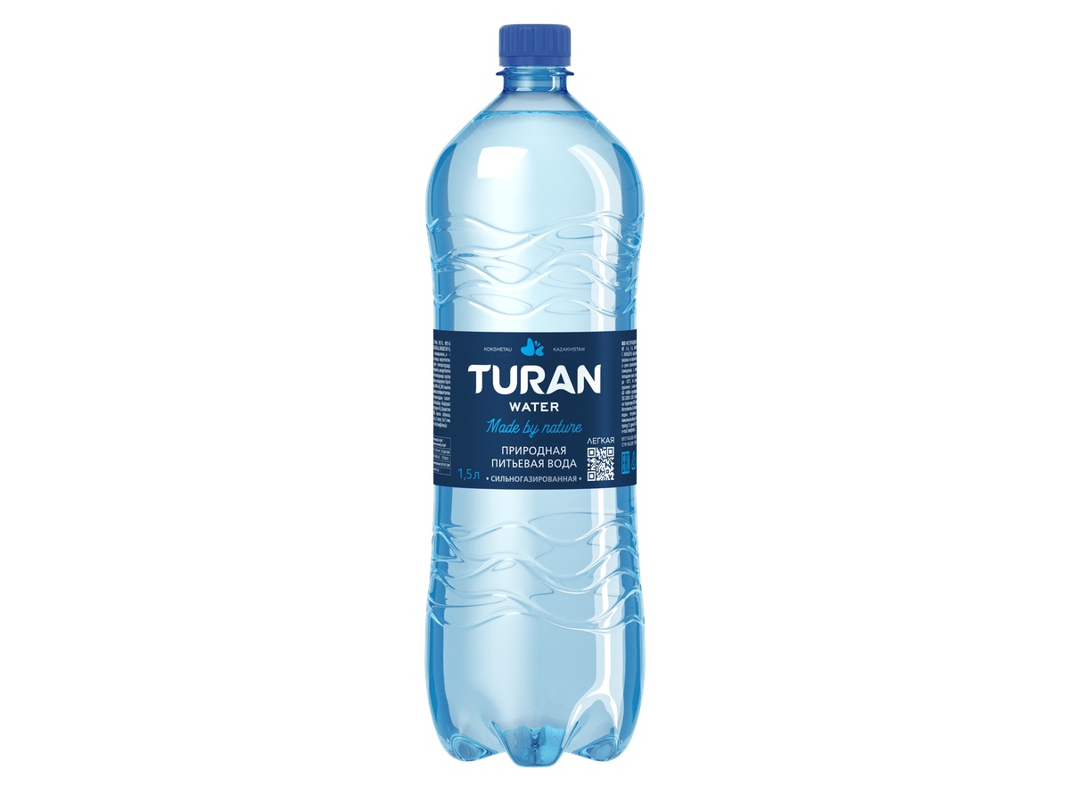 Natural carbonated drinking water TURAN in a 1.5 L PET bottle.